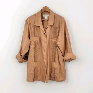 Lucy Pereda Linen Top Women's 18W Tan Pleated Cuban Style Button Down Retro